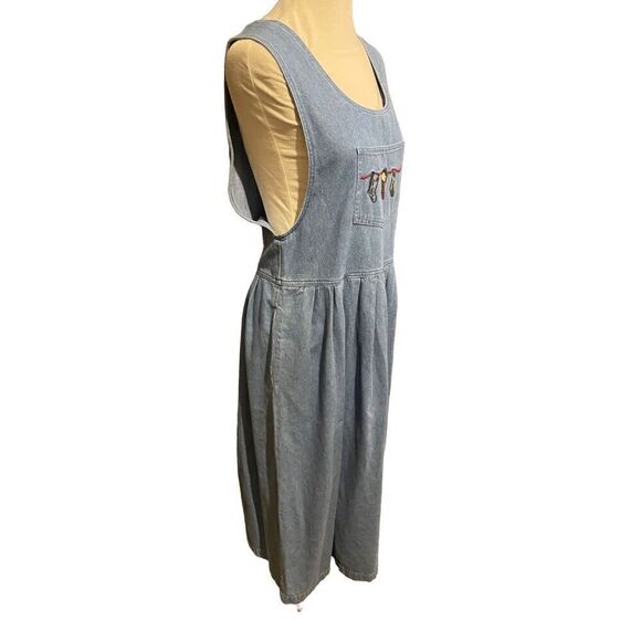 Bryn Connelly Women's Chambray Jumper Dress Holiday Embroidery Denim Vintage 80’ - Picture 3 of 11